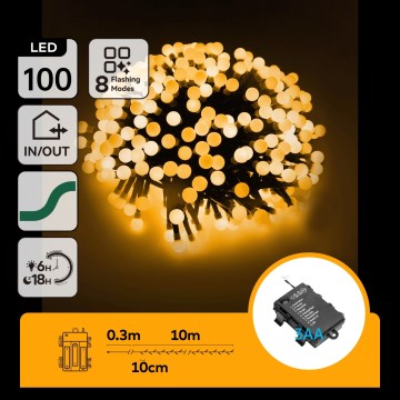 Aigostar - LED Vonkajší vianočný reťazec 100xLED/8 funkcií 3xAA 10,3m IP44 teplá biela
