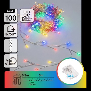 Aigostar - LED vonkajší vianočný reťazec 100×LED / 8 funkcií, 3×AA, 3,3 m, IP44, viacfarebný