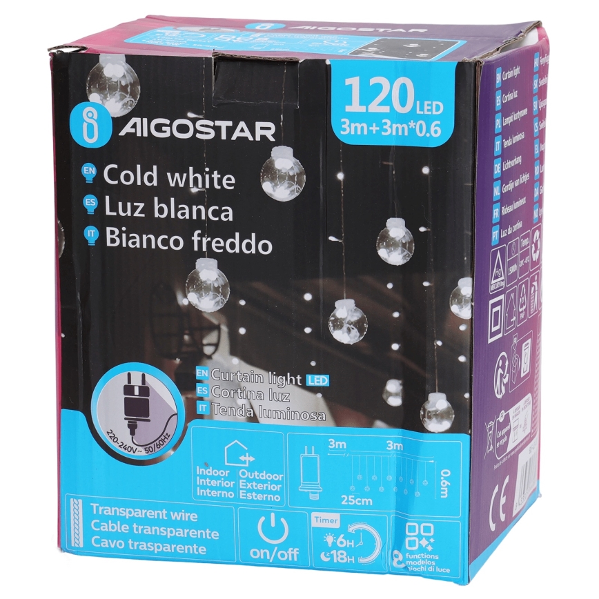 Aigostar - LED Vonkajší vianočný reťazec 120xLED/8 funkcií 3x0,6m IP44 studená biela + diaľkové ovládanie
