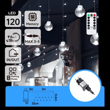 Aigostar - LED Vonkajší vianočný reťazec 120xLED/8 funkcií 3x0,6m IP44 studená biela + diaľkové ovládanie