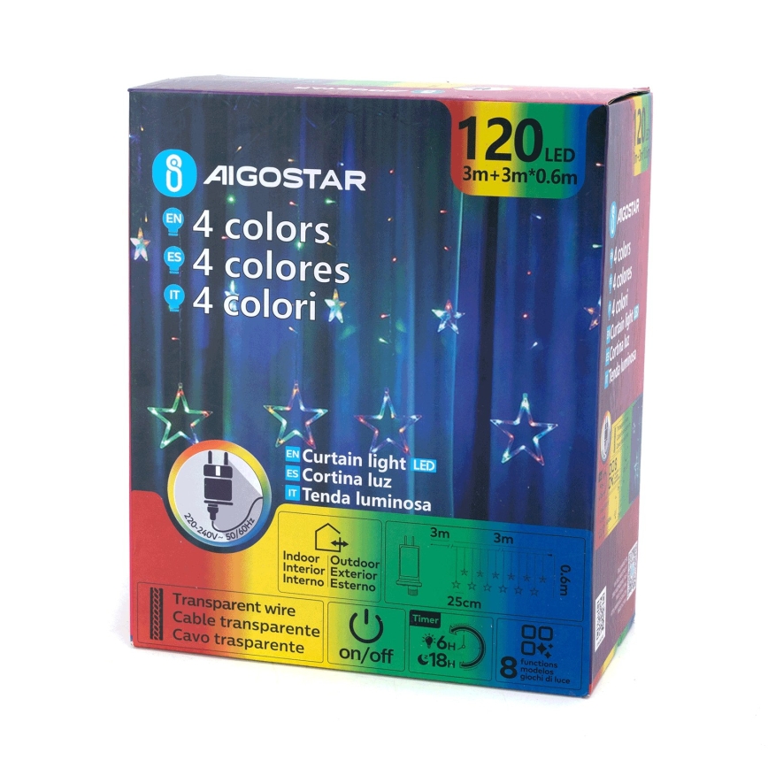Aigostar - LED vonkajšia vianočná reťaz 120xLED/8 funkcií 6x0,6m IP44 viacfarebná + diaľkové ovládanie