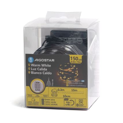 Aigostar -LED Vonkajší vianočný reťazec 150xLED/8 funkcií 3xAA 15,3m IP44 teplá biela