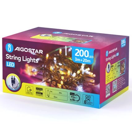 Aigostar - LED vonkajšia vianočná reťaz 200xLED/8 funkcií 23m IP44 teplá biela/studená biela