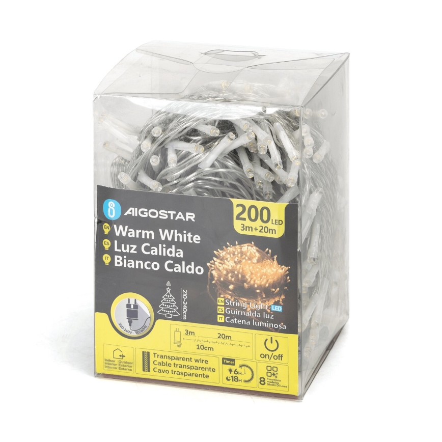 Aigostar - LED vonkajší vianočný reťazec 200xLED/8 funkcií 23m IP44 teplá biela