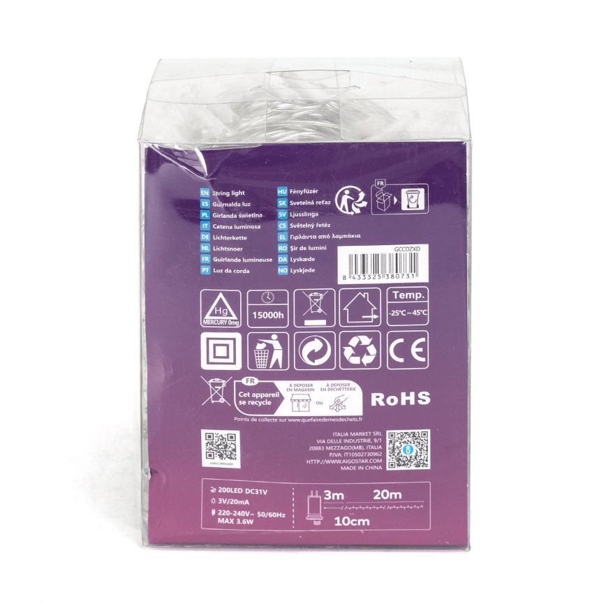 Aigostar - LED vonkajší vianočný reťazec 200xLED/8 funkcií 23m IP44 teplá biela