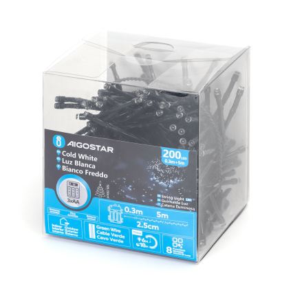 Aigostar - LED Vonkajší vianočný reťazec 200xLED/8 režimov 3xAA 5,3 m IP44 studená biela