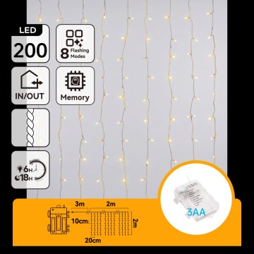Aigostar - LED Vonkajší vianočný reťazec 200xLED/8 funkcií 3xAA 5x2m IP44 teplá biela