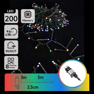 LED svetelný veniec s 200 LED diódami, s dĺžkou 8 metrov (3m+5m), rozstupom 2,5 cm, RGBY farbami a krytím IP44. Súčasťou je sieťový adaptér.