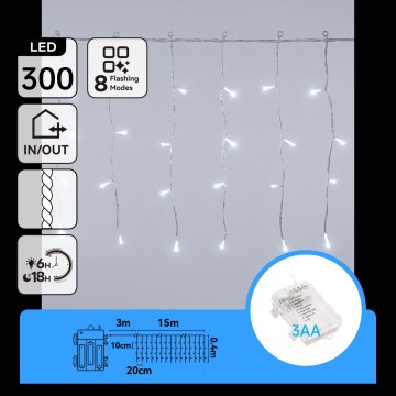 Aigostar - LED Vonkajší vianočný reťazec 300xLED/8 funkcií 3xAA 18x0,4m IP44 studená biela