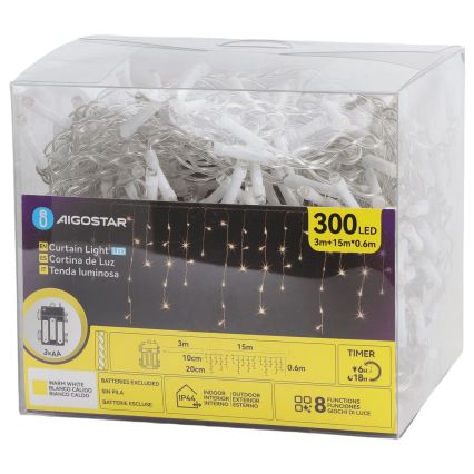 Aigostar - vonkajší LED vianočný reťaz 300xLED/8 funkcií 3xAA 18x0,6 m IP44 teplá biela