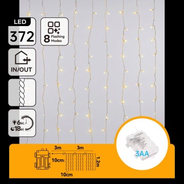 Aigostar - LED Vonkajší vianočný reťazec 372xLED/8 funkcií 3xAA 6x1,2m IP44 teplá biela
