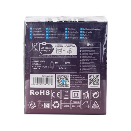 Aigostar - LED vonkajší vianočný reťazec 400xLED/8 funkcií 13m IP44 studená biela