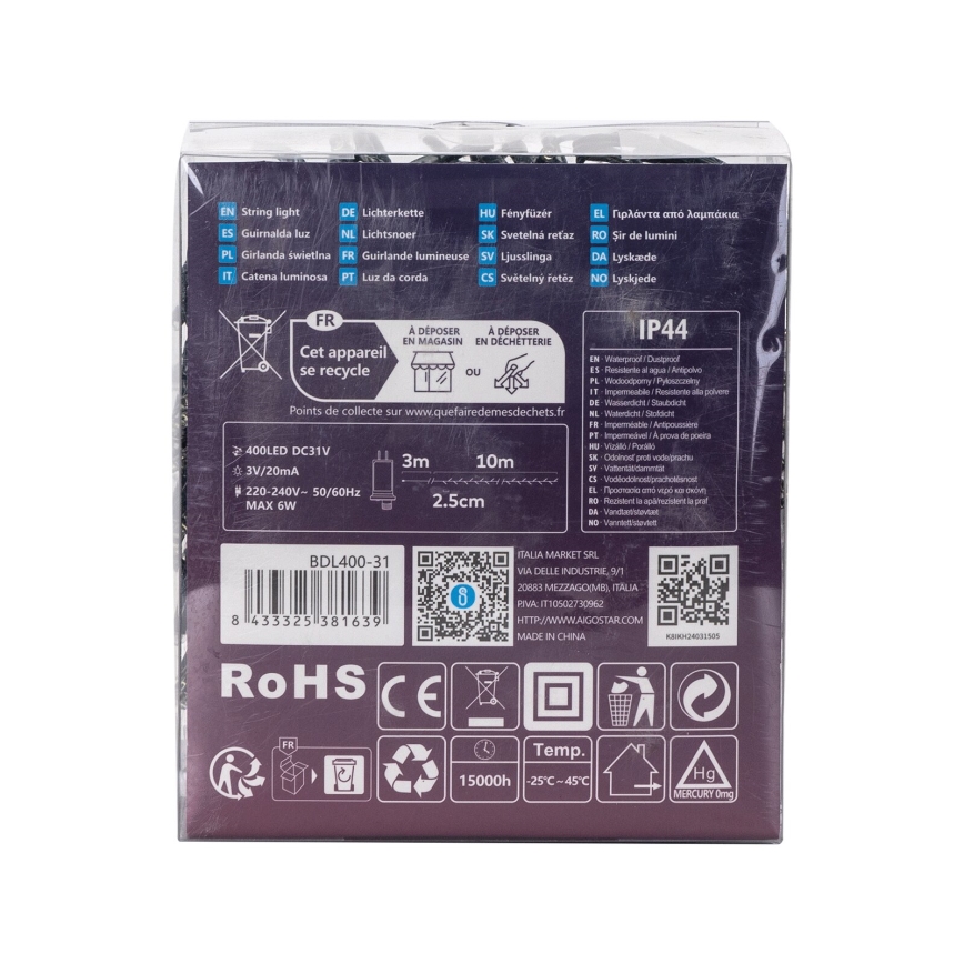 Aigostar - LED vonkajší vianočný reťazec 400xLED/8 funkcií 13m IP44 studená biela