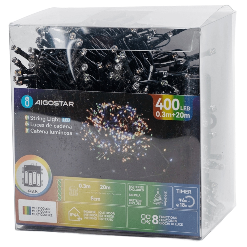 Aigostar - LED vonkajší vianočný svetelný reťazec 400 LED / 8 režimov / 4×AA / 20,3 m / IP44 / viacfarebný