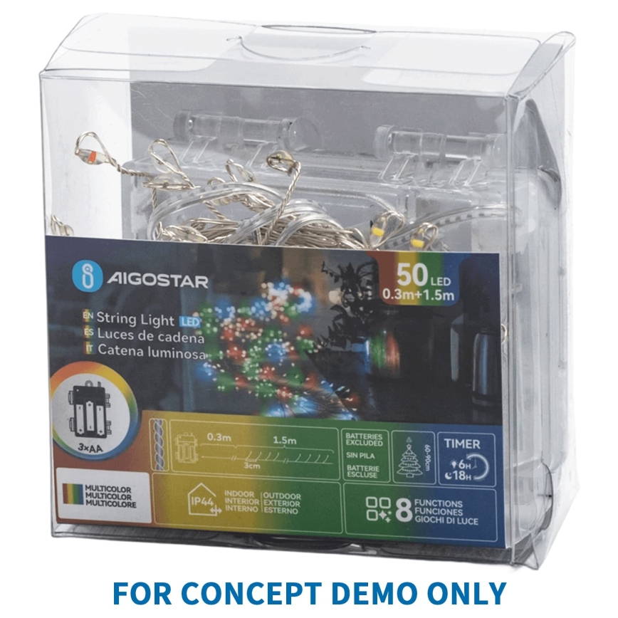 Aigostar - LED Vonkajší vianočný reťaz 50xLED/8 funkcií 3xAA 1,8m IP44 studená biela