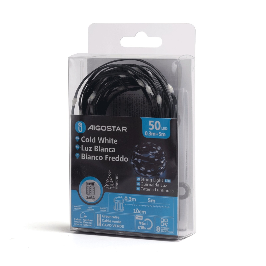 Aigostar - LED Vianočný vonkajší reťazec 50xLED/8 funkcií 3xAA 5,3m IP44 studená biela