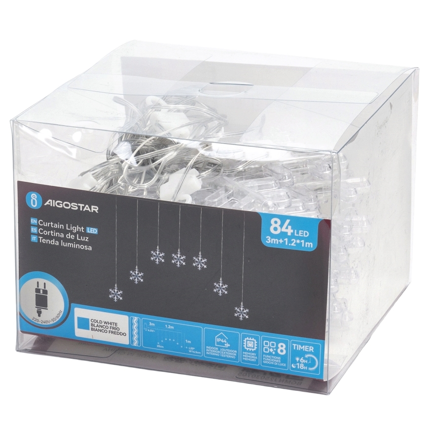 Aigostar - LED vonkajšia vianočná reťaz 84xLED/8 funkcií 1,2x1m IP44 studená biela vločky
