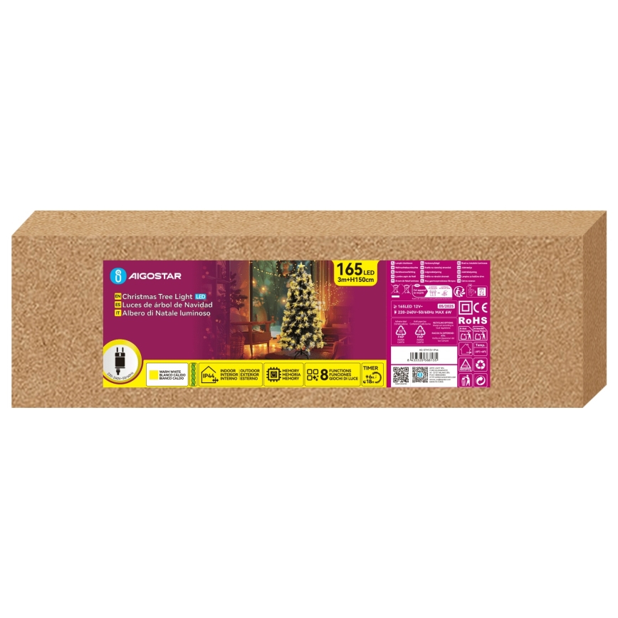 Aigostar - LED vonkajší vianočný stromček 165xLED/8 funkcií 1,5 m IP44 teplá biela