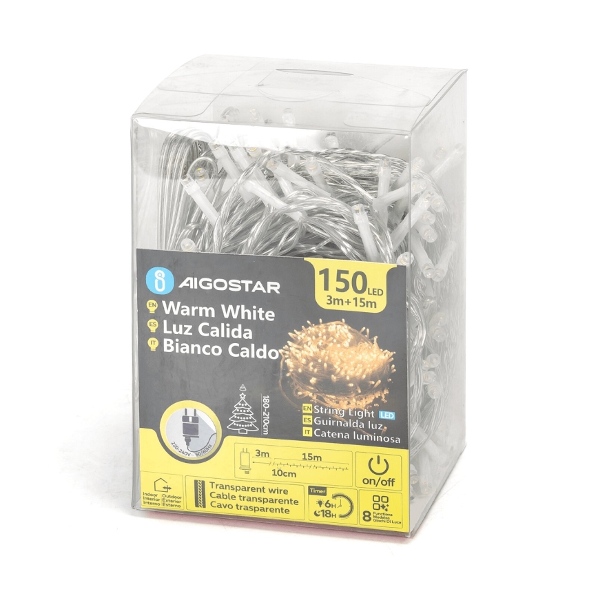 Aigostar - LED vonkajší vianočný svetelný reťaz 150xLED/8 režimov 18m IP44 teplá biela