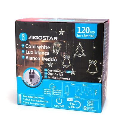 Aigostar - LED Vonkajší vianočný reťaz 120xLED/8 funkcií 3x0,6m IP44 studená biela + diaľkové ovládanie