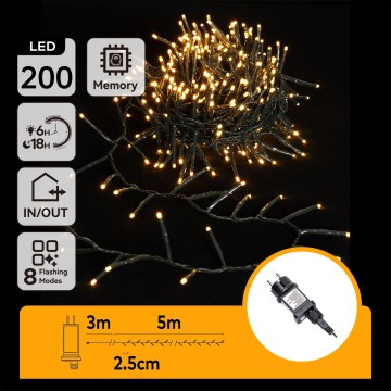 Svetlá s 200 LED diódami, teplej bielej farby, s dĺžkou 8 metrov (3m+5m), rozostupom diód 2,5 cm, sú zvinuté do kruhu. Súčasťou je adaptér a balenie. Stupeň krytia IP44.