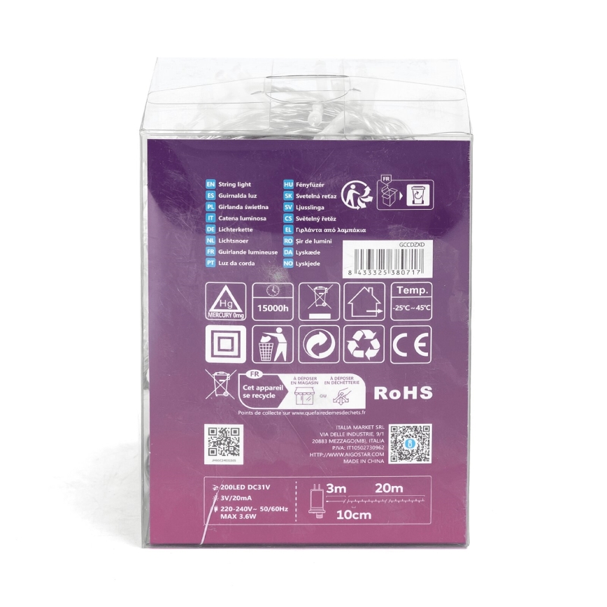 Aigostar - LED vonkajší vianočný svetelný reťazec 200xLED/8 funkcií 23m IP44 studená biela