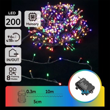 Aigostar -LED Vonkajší vianočný svetelný reťazec 200xLED/8 funkcií 3xAA 10,3m IP44 viacfarebný