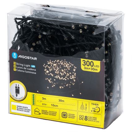 Aigostar – LED vonkajší vianočný svetelný reťazec, 300 LED, 8 režimov, 30 m, IP44, teplá biela