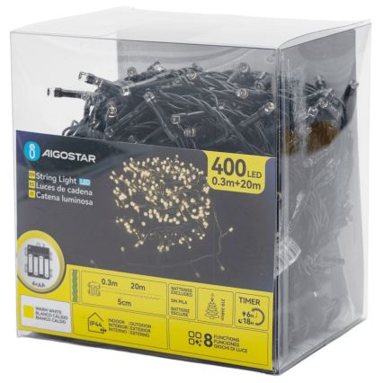 Aigostar - LED Vonkajší vianočný reťaz 400xLED/8 funkcií 4xAA 20,3 m IP44 teplá biela