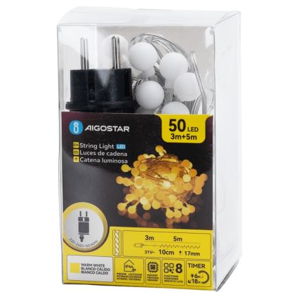 Aigostar - Vonkajšia LED dekoračná svetelná reťaz 50xLED/8 funkcií 5 m IP44 teplá biela