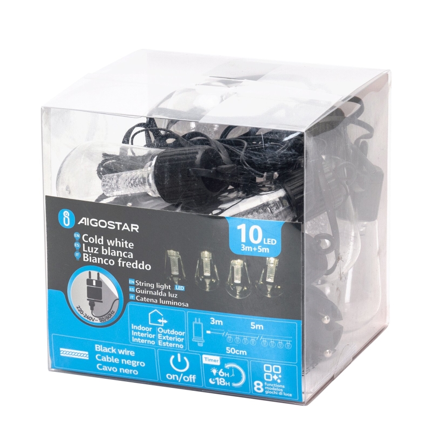 Aigostar - LED vonkajšia dekoratívna svetelná reťaz 10xLED/8m IP44 studená biela