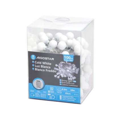 Aigostar - LED Vonkajšia vianočná reťaz 100xLED/3xAA/8 funkcií 10,3 m IP44 studená biela