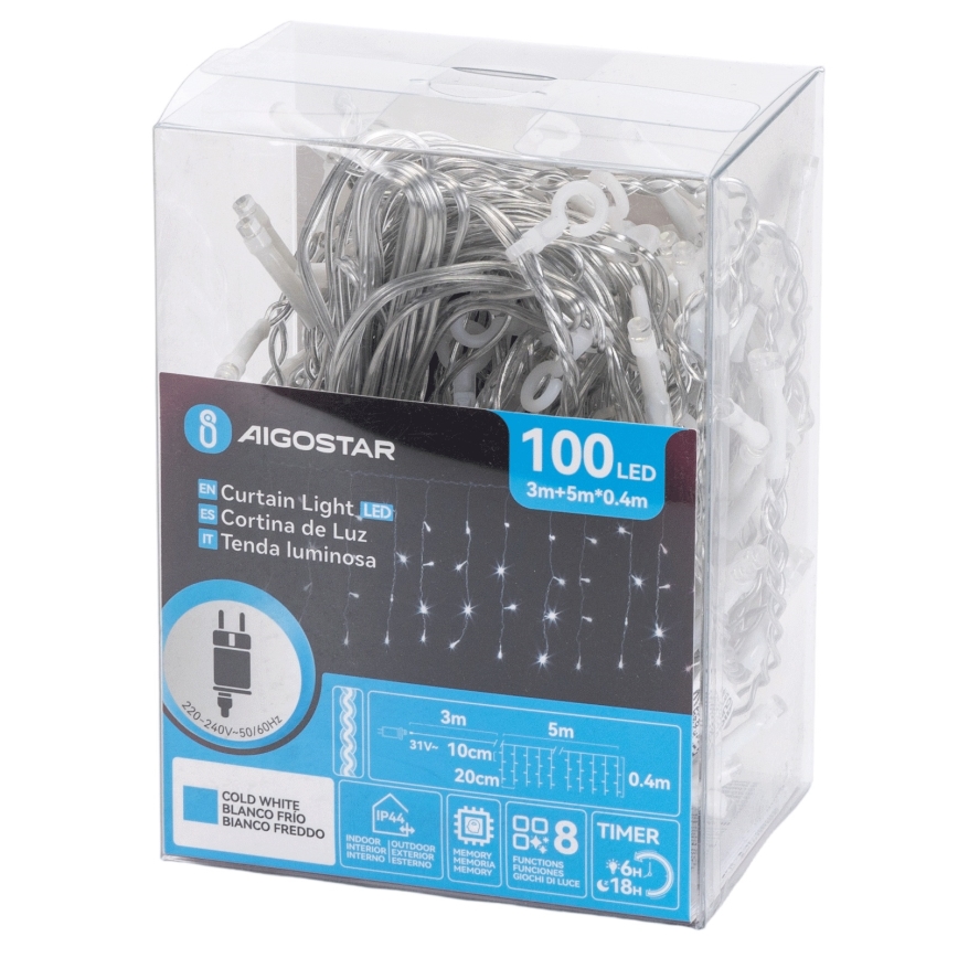Aigostar - LED vonkajšia reťaz 100xLED/8 funkcií 5x0,4m IP44 studená biela