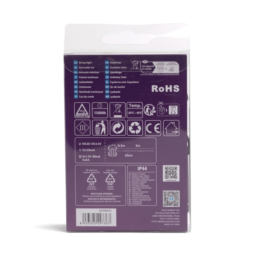 Aigostar - LED Vonkajšia reťaz 50xLED/8 funkcií 3xAA 5,3m IP44 viacfarebná