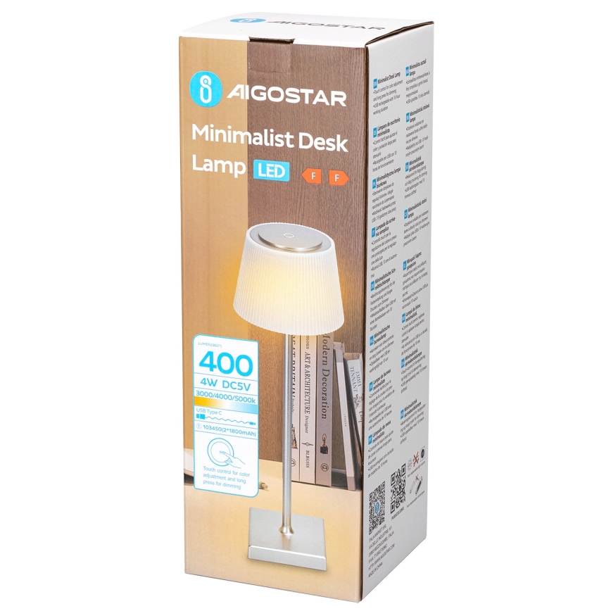 Aigostar - LED Vonkajšia stmievateľná nabíjacia stolná lampa LED/4W/5V 3600mAh biela/matný chróm IP54