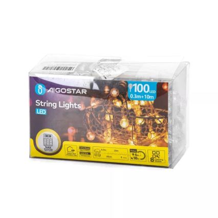 Aigostar - LED vonkajší svetelný reťazec 100xLED/3xAA/8 režimov 10,3 m IP44 teplá biela
