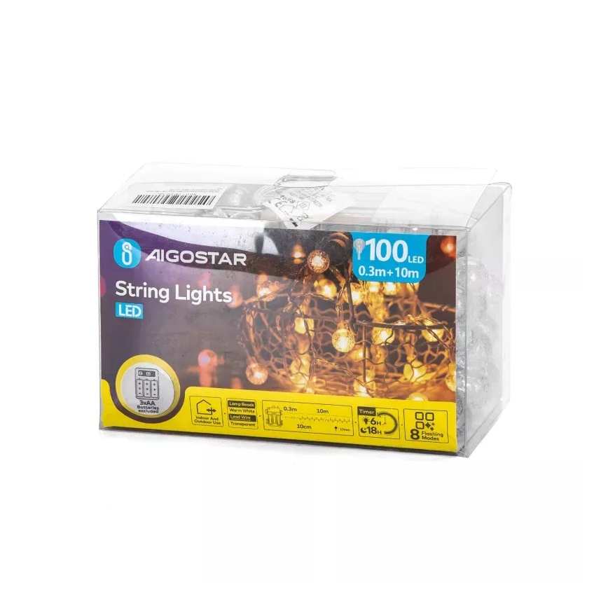 Aigostar - LED vonkajší svetelný reťazec 100xLED/3xAA/8 režimov 10,3 m IP44 teplá biela