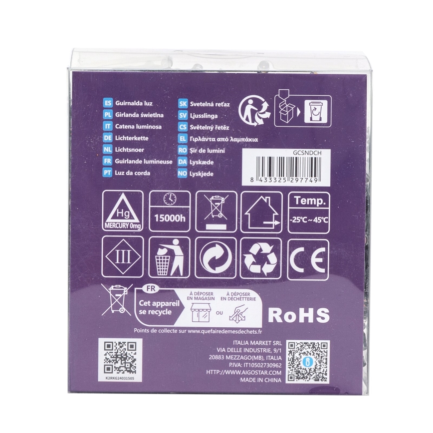 Aigostar - LED vonkajšia svetelná reťaz, 300× LED, 8 režimov, napájanie 3×AA, dĺžka 15,3 m, IP44, viacfarebná