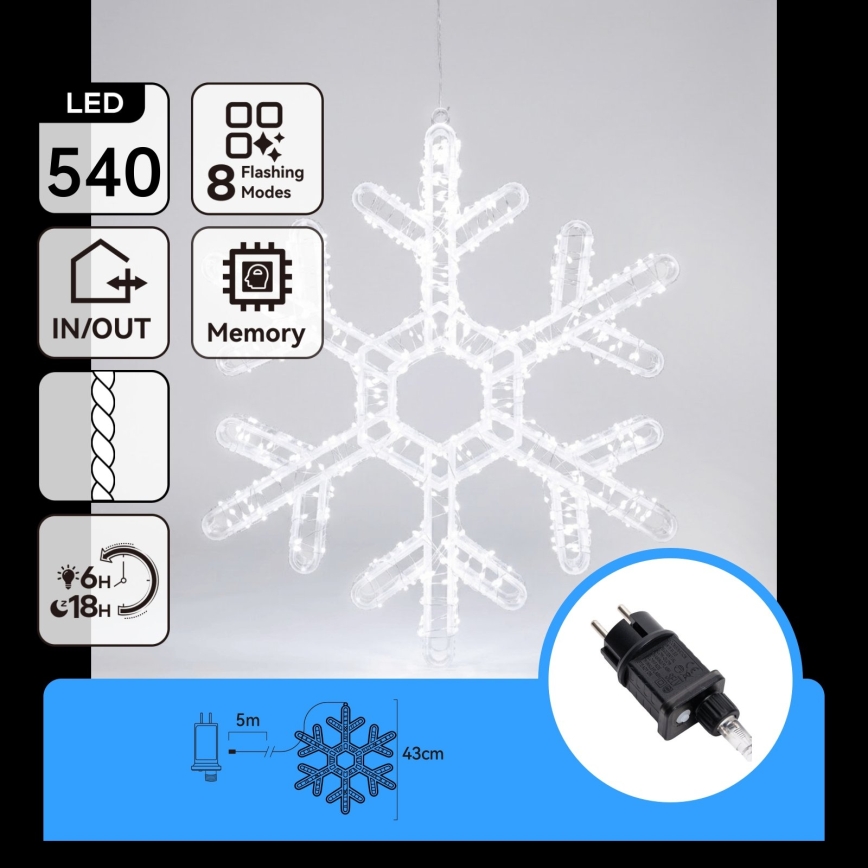 Aigostar - LED Vonkajšia vianočná dekorácia 540xLED/6W/230V IP44 studená biela 45cm vločka