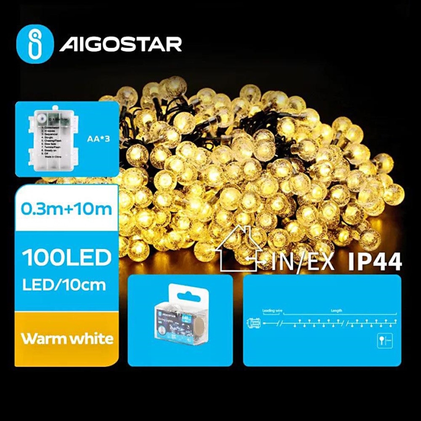 Aigostar - LED Vonkajšia vianočná reťaz 100xLED/3xAA/8 funkcií 10,3 m IP44 teplá biela