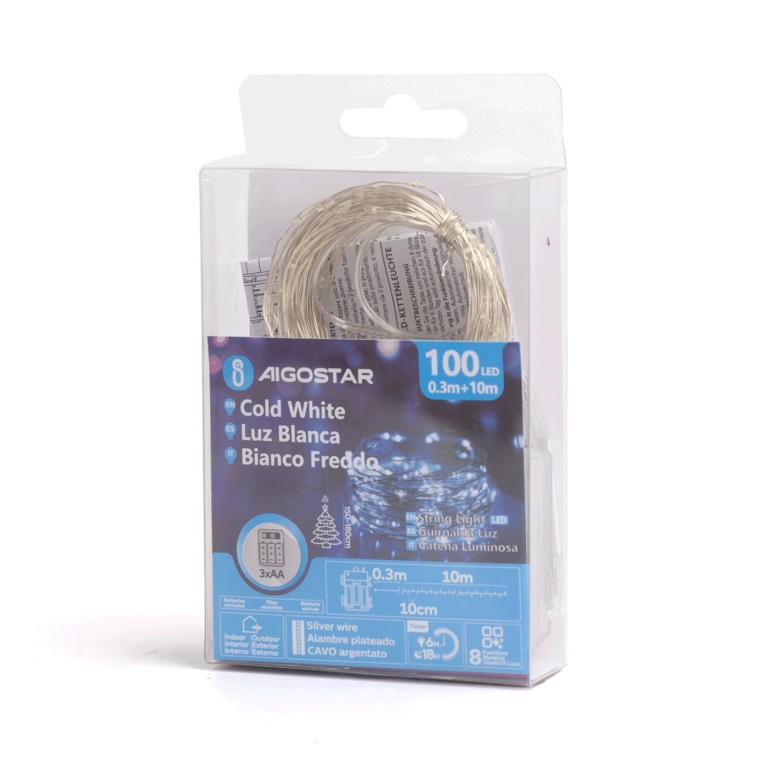 Aigostar - LED Vonkajšia vianočná reťaz 100xLED/8 funkcií 10,3m IP44 studená biela