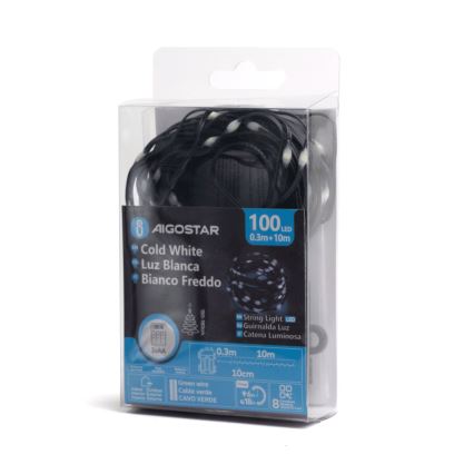 Aigostar - LED Vonkajšia vianočná reťaz 100xLED/8 funkcií 10,3m IP44 studená biela