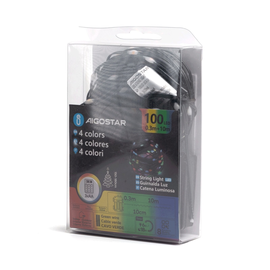 Aigostar-LED Vonkajšia vianočná reťaz 100xLED/8 funkcií 3xAA 10,3m IP44 multicolor