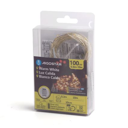 Aigostar -LED Vonkajšia vianočná reťaz 100xLED/8 funkcií 3xAA 10,3m IP44 teplá biela