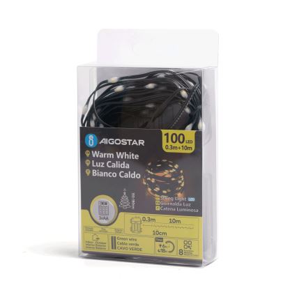 Aigostar - LED Vonkajšia vianočná reťaz 100xLED/8 funkcií 3xAA 10,3m IP44 teplá biela