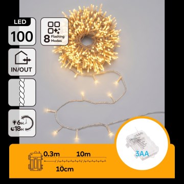 Aigostar - LED vonkajšia vianočná reťaz 100xLED/8 funkcií 3xAA 10,3m IP44 teplá biela