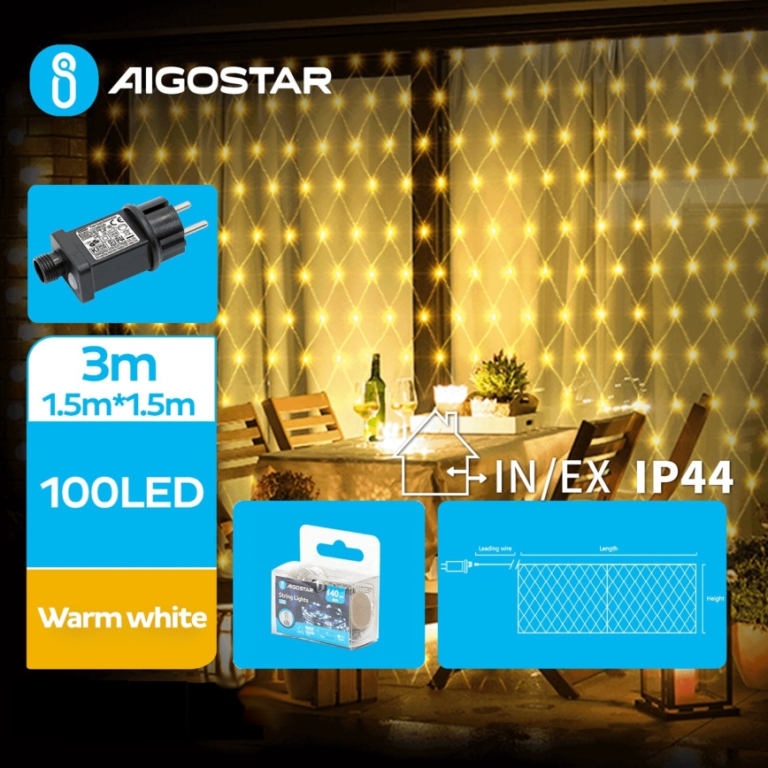 Aigostar - LED Vonkajšia vianočná reťaz 100xLED/8 funkcií 4,5x1,5m IP44 teplá biela