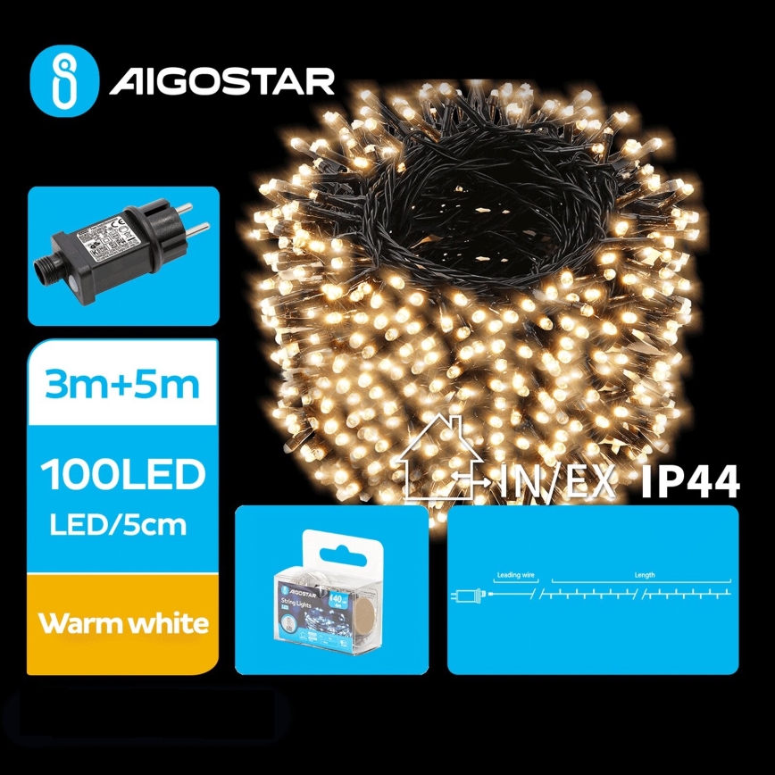 Aigostar - LED Vonkajšia vianočná reťaz 100xLED/8 funkcií 8m IP44 teplá biela