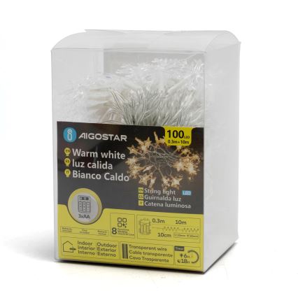 Aigostar - LED vonkajšia vianočná reťaz 100xLED/8 funkcií 3xAA 10m IP44 teplá biela hviezdy