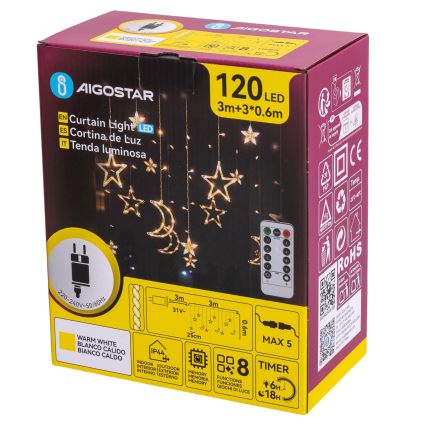 Aigostar - LED vonkajší svetelný reťaz 120xLED/6W/230V/8 funkcií 3x0,6m IP44 teplá biela + diaľkové ovládanie
